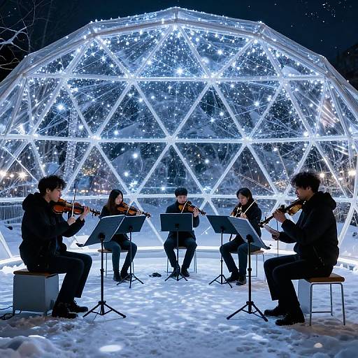 Photograph of four violinists playing under a glowing, snow-covered, transparent dome at night, with music stands and snow-covered ground.