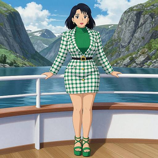 Anime-style woman with black hair, green plaid suit, green turtleneck, green heels, standing on boat deck with mountain lake background.