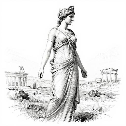 Black and white ink drawing of a classical Greek statue, a woman in a flowing dress, standing in a grassy, ancient ruins landscape with columns in