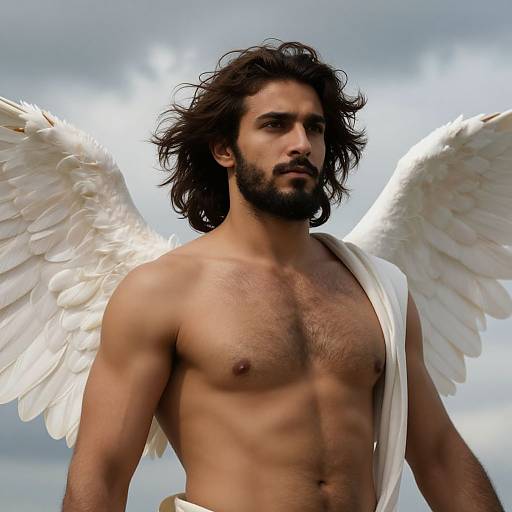 Photograph of a muscular, dark-haired man with a beard and white angel wings, shirtless with a white cloth draped over his shoulder, standing against