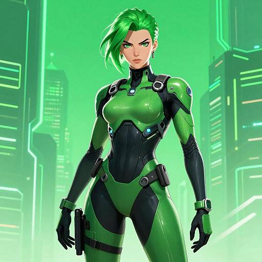 Digital art of a green-haired woman in a green and black futuristic bodysuit, holding a gun, standing confidently in a neon-lit cityscape