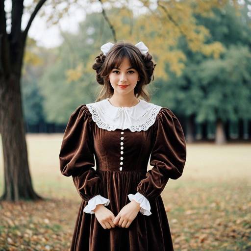Young Woman in Vintage Brown Dress Outdoors