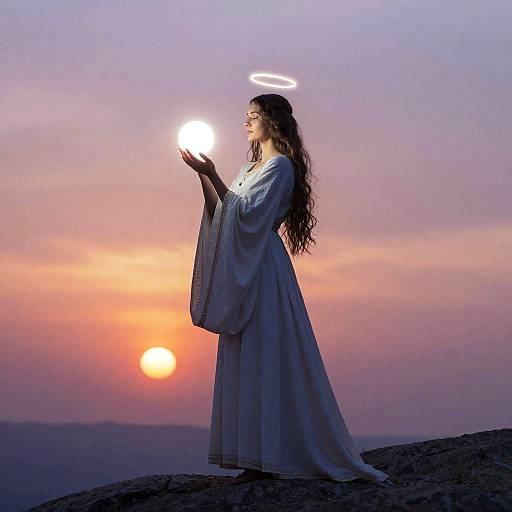 Medieval Woman with Glowing Orb at Sunset