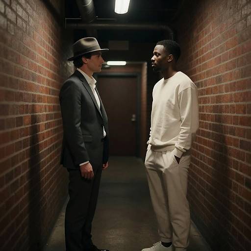Two Men Facing Each Other in Narrow Brick Hallway