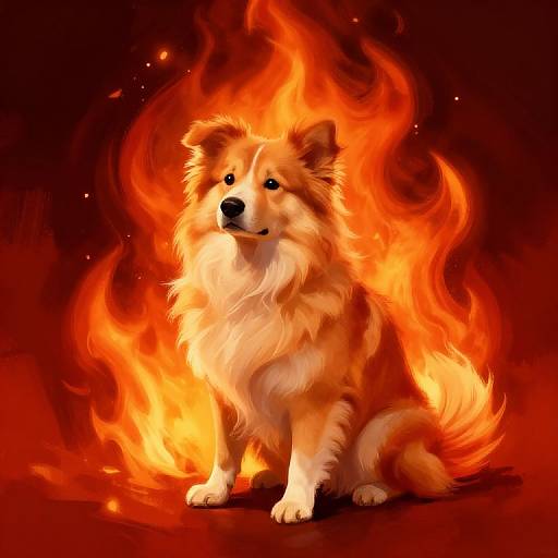 Digital artwork of a fiery, orange and white, fluffy dog with black eyes, sitting amidst intense, swirling red and orange flames.
