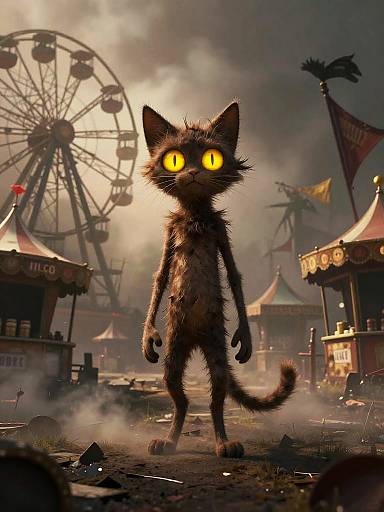 Spooky Stylized Cat in Ruined Carnival