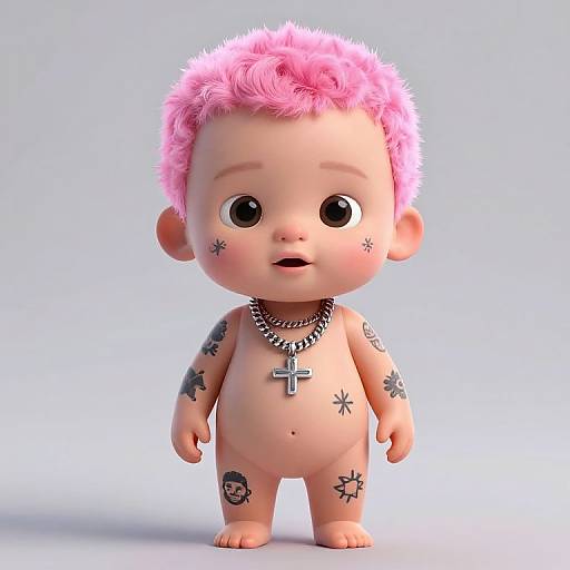 CGI baby doll with pink spiky hair, tattoos, silver cross necklace, and chain, standing against a plain light blue background.