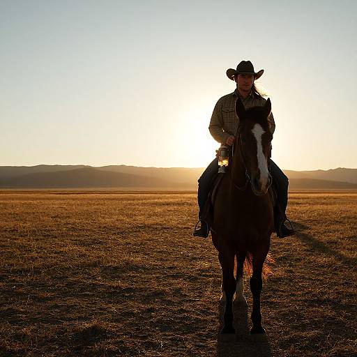 Silhouetted cowboy in hat and plaid shirt rides horse at sunset, vast open field, golden light, mountains in background. Photograph.