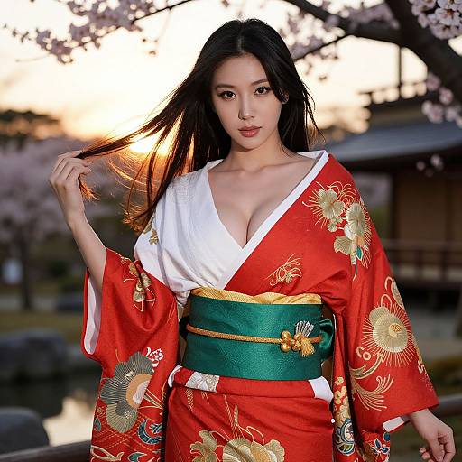 Photograph of an Asian woman with long black hair, wearing a red kimono with gold floral patterns, white inner blouse, and green obi,