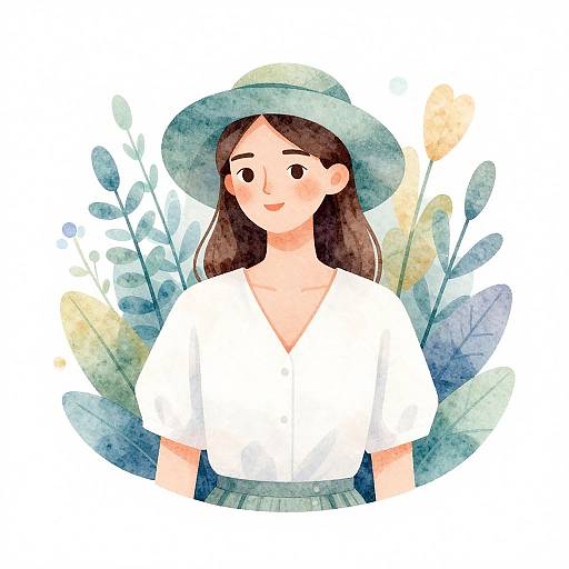 Watercolor illustration of a smiling woman with long brown hair, wearing a white V-neck shirt and blue hat, surrounded by blue and yellow leaves.