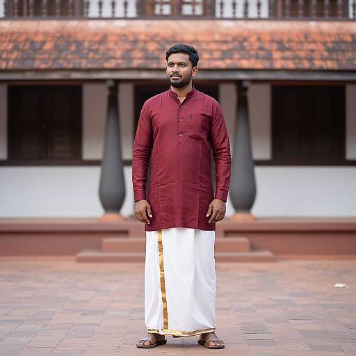 Photograph of a bearded Indian man with medium build, wearing a maroon kurta and white dhoti, standing in front of a traditional