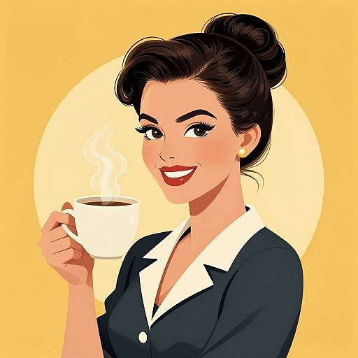 Digital illustration of a smiling woman with dark hair in a bun, wearing a black blouse with a white collar, holding a white cup, against a yellow