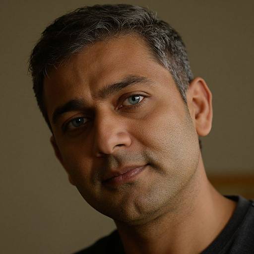 Photograph of a middle-aged man with short, dark gray hair, brown skin, and blue eyes, slightly tilting his head, wearing a black