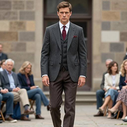 Man in Dark Gray Three-Piece Suit Standing Outdoors