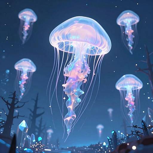 Photograph of glowing blue and pink jellyfish floating in a dark, starry ocean, surrounded by sparkling crystals and silhouetted coral.