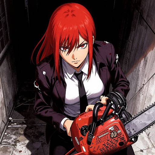 Digital anime-style illustration of a fierce red-haired woman in a black suit and tie, gripping a red chainsaw in a dark, gritty alleyway.