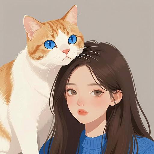 Serious Girl and Cat with Blue Eyes