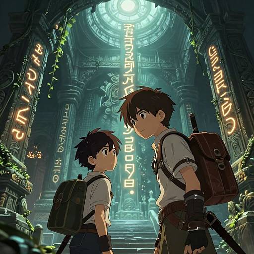 Anime-style digital artwork of two young boys with backpacks, standing in a futuristic, illuminated, vine-covered temple with glowing text.