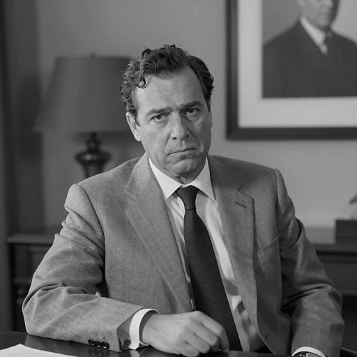 Serious Man in Gray Suit at Desk