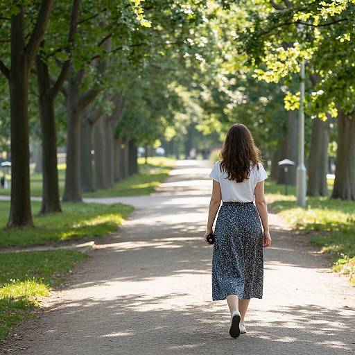 Photograph of a woman with long brown hair, wearing a white blouse and blue patterned skirt, walking alone on a sunlit, tree-lined park