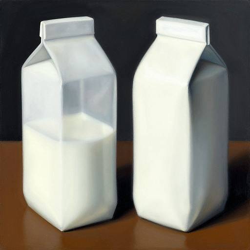 Photograph of two white, rectangular, plastic milk cartons with bright white liquid, standing on a wooden surface against a dark background.