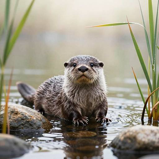 Photograph of a wet, gray-brown otter with a curious expression, standing in a shallow, rocky water stream surrounded by tall green reeds