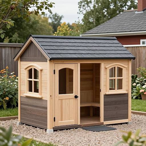 Photograph of a wooden, dark brown and light pine pet house with a black roof, situated on gravel, surrounded by lush garden foliage and a wooden