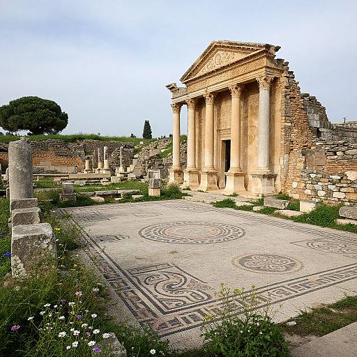 Photograph of ancient Greek ruins featuring a partially intact temple with tall columns, intricate mosaic floor, and surrounded by greenery.