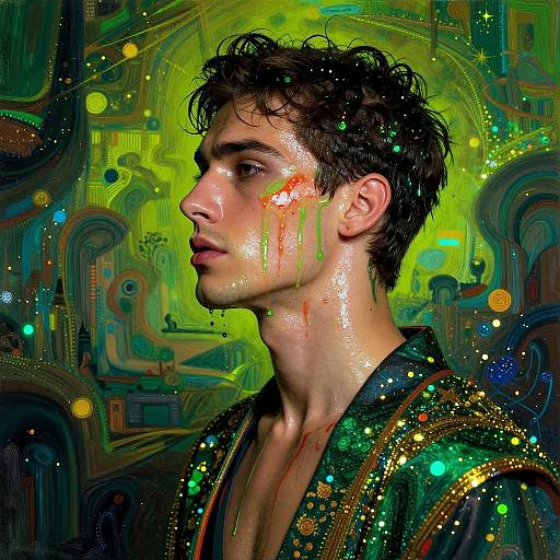 Digital art: A young man with wet, curly black hair, glossy skin, and glowing green background, adorned with colorful paint splatters and abstract patterns