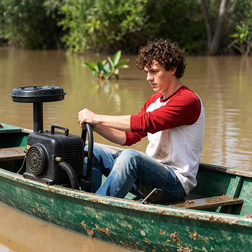 Focused Young Man in a Green Boat