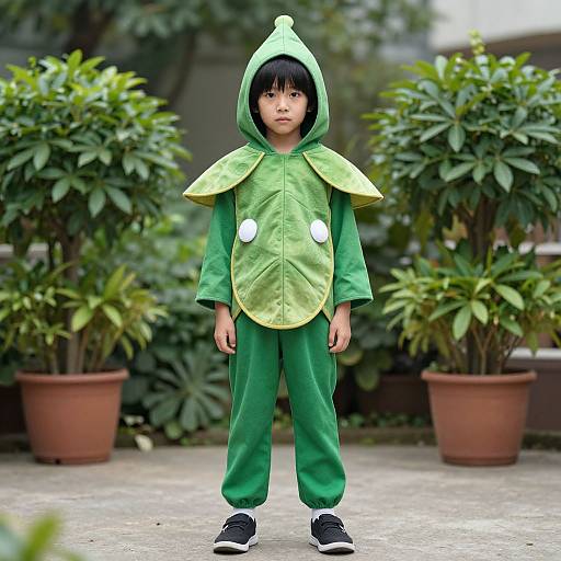Photograph of a young Asian boy standing outdoors in a green leaf costume with a hood, white leaf accents, and black shoes, surrounded by potted