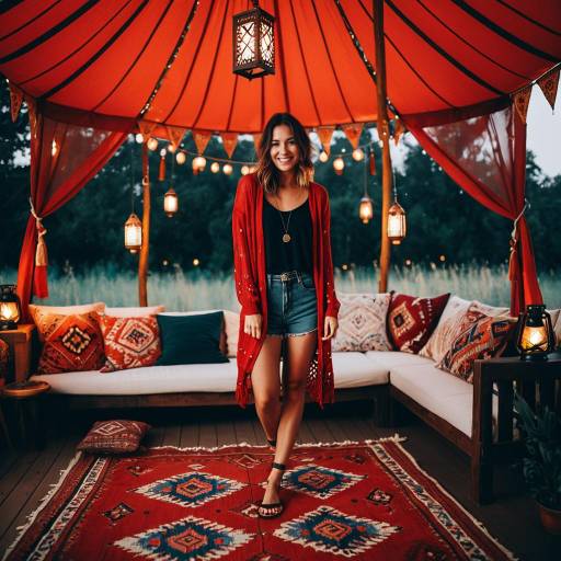 Woman Standing in Bohemian Tent with Lanterns