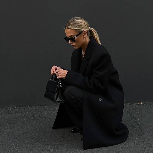 Woman in Black Coat Holding Handbag