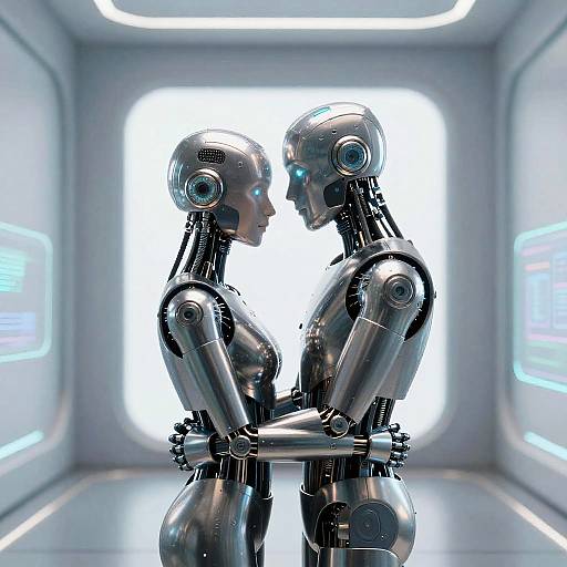 Photorealistic CGI of two silver, humanoid robots with glowing blue eyes, embracing intimately in a brightly lit, futuristic white room.