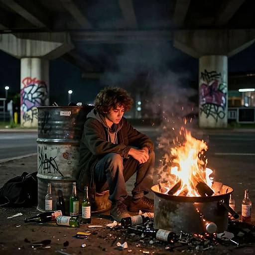 Photograph of a young man with curly hair, wearing a hoodie and jeans, sitting by a burning fire under a graffiti-covered overpass at night,