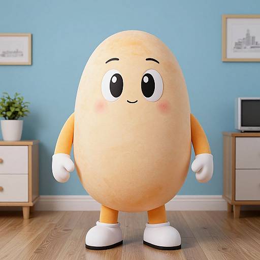 Photograph of a cute, cartoon-style, peach-shaped character with orange arms, white gloves, and white shoes, standing in a bright blue-walled