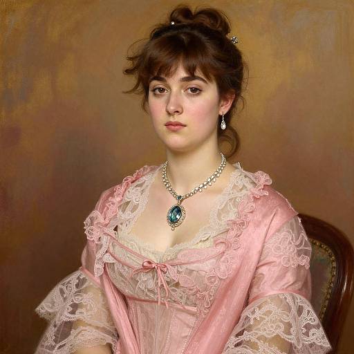 Photorealistic digital painting of a fair-skinned woman with dark brown hair, wearing a pink lace-trimmed dress and a pearl necklace with a