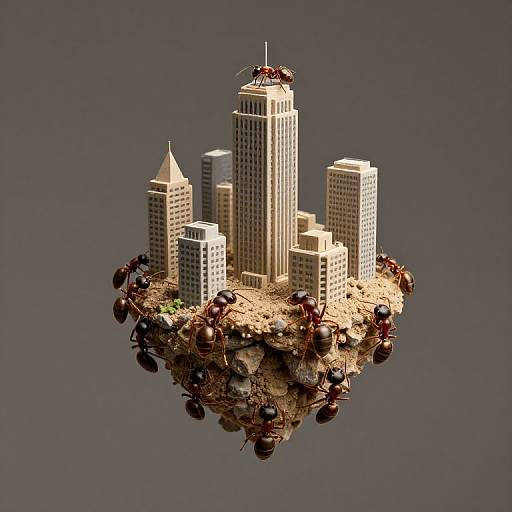 Photograph of a miniature, floating cityscape with beige skyscrapers, surrounded by dark, insect-like structures, set against a gray background.