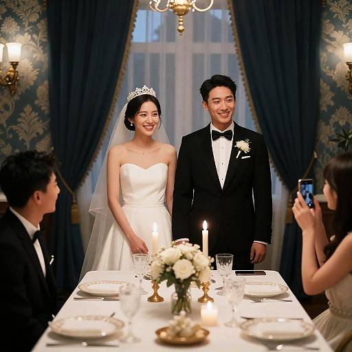 Elegant Wedding Scene with Smiling Couple