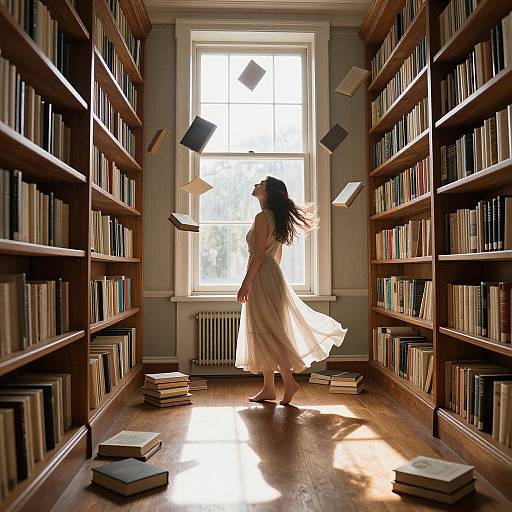 Photograph of a woman in a flowing white dress, standing in a sunlit library aisle, books floating around her, tall wooden shelves on both sides