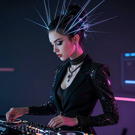 Photograph of a striking woman with glowing, spiky hair, wearing a black, sequined jacket, playing electronic music equipment in a dark, neon