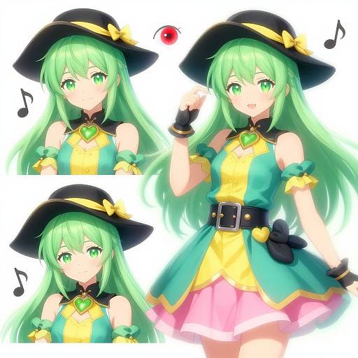 Digital anime-style illustration of a green-haired girl with large eyes, wearing a black hat with a yellow bow, green-yellow dress, pink skirt, black