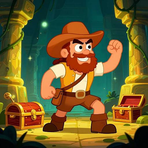 Cartoon bearded adventurer in brown hat, vest, and shorts flexes muscles between two glowing pillars, with treasure chests on either side.