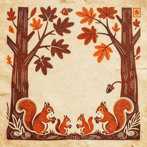 Woodcut Red Squirrels in Autumn