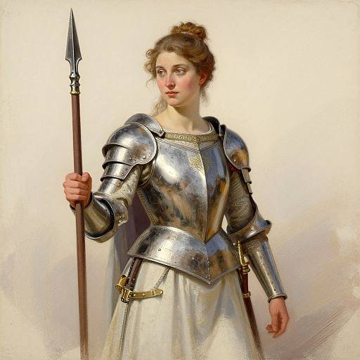 Digital painting of a young woman in medieval silver armor, holding a spear, with a white dress and brown hair in a bun. She stands against a