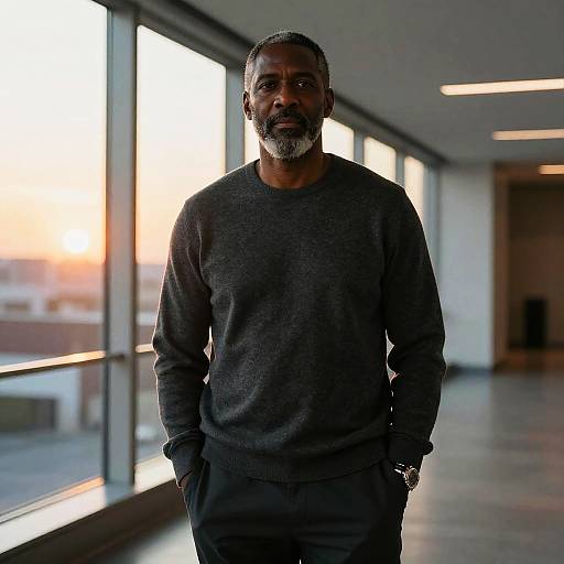 Middle-Aged Man in Modern Hallway at Sunset