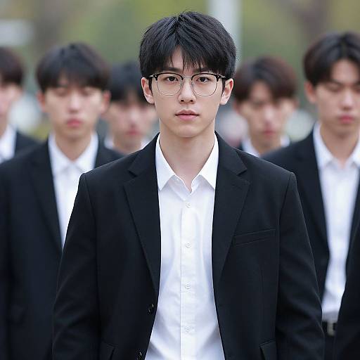Photograph of a young Asian man with black hair, glasses, and black suit, standing in front of a blurred group of similarly dressed men, outdoors