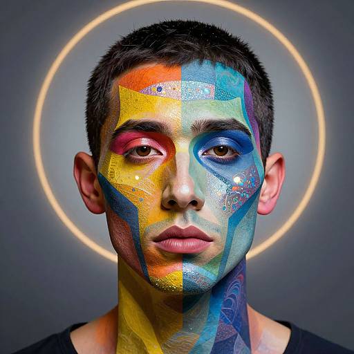 Photograph of a young man with short black hair, face painted in vibrant multicolored geometric patterns, illuminated by a glowing circle against a dark background