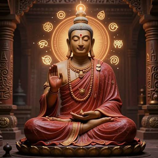 Digital artwork of a serene Buddha statue in a red robe, sitting cross-legged, meditating with a raised hand, surrounded by glowing symbols, in an