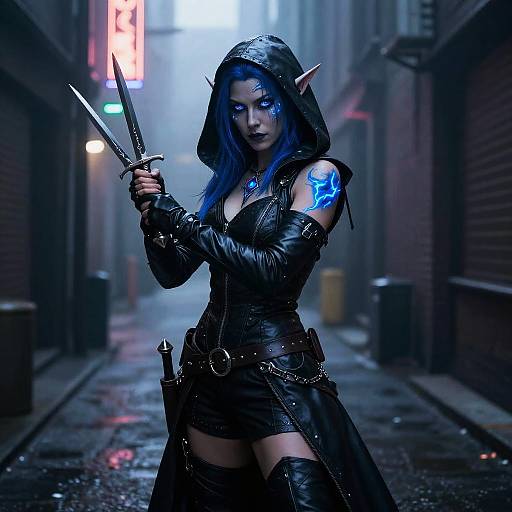 Blue Tiefling Rogue in Foggy Urban Alley